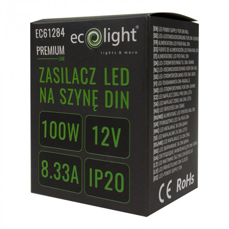 Napájecí zdroj na DIN lištu pro LED pásky 100W 12V 8,33A IP20 PREMIUM Ecolight