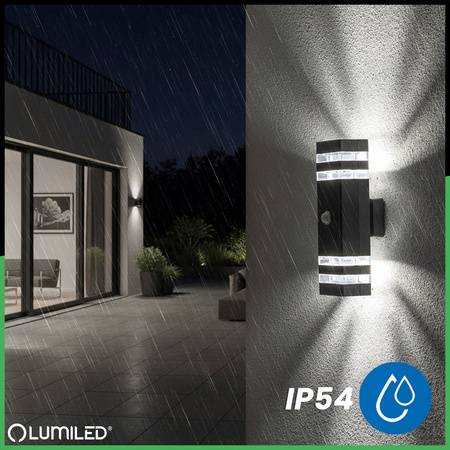 Zahradní nástěnné svítidlo shora dolů 2xGU10 Black Senzor pohybu a soumraku IP54 PROTEA LUMILED