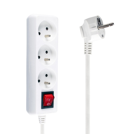 Zástrčka napájecího prodlužovacího kabelu – 3x zásuvka s uzemněním a vypínačem 1.5m 3x1mm 16A Bílá