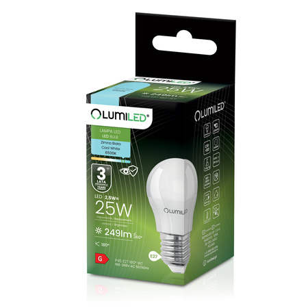 6x Žárovka LED E27, P40 2.5W = 25W 249lm 6500K Studená bílá 180° LUMILED