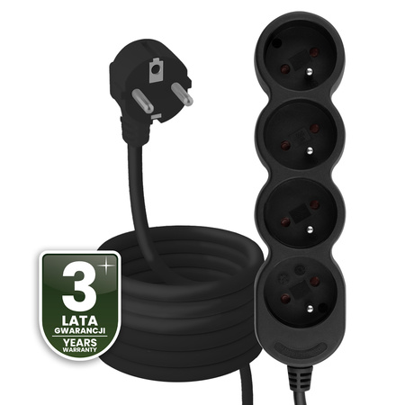 Síťový prodlužovací kabel uzemněný napájecí pásek 4 zásuvky 5 m černý kabel Lendo Lumiled