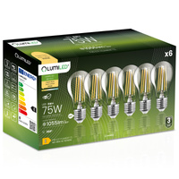 6x Žárovka LED E27, A60 8W = 75W 1055lm 3000K Teplá bílá 360° Filament LUMILED