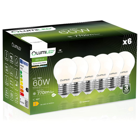 6x Žárovka LED P45, E27 7W = 60W 770lm 4000K Neutralní bílá 360° Filament Mléčná LUMILED