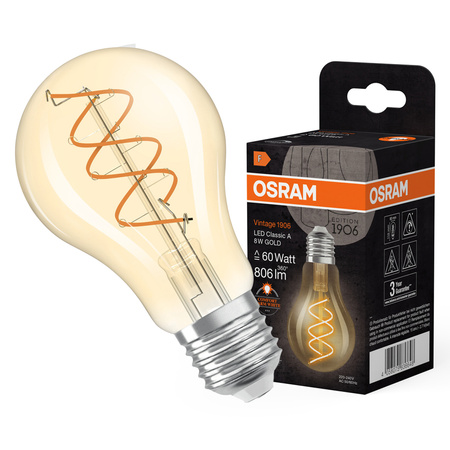 Dekorativní LED žárovka A60 E27 8W = 60W 806lm 2200K teplá bílá CRI90 300° Filament Dimmable Vintage 1906 Osram
