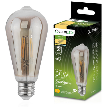Žárovka LED EDISON E27, ST64 6W = 50W 420lm 2200K Teplá bílá 360° Filament Smokey LUMILED