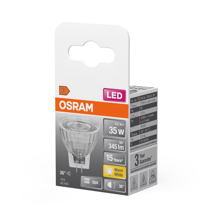 LED žárovka MR11 Reflector GU4 4,2W = 35W 345lm 2700K Warm 12V 36° STAR Osram