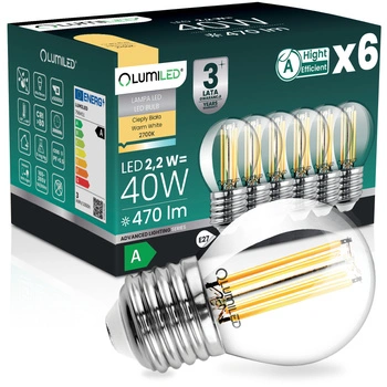 6x LED žárovka E27 kapka P45 2,2W 470lm = 40W 2700K teplá bílá 360° Filament energetická třída A LUMILED