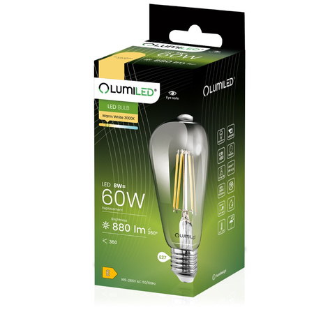 6x Žárovka LED Edison ST64, E27 8W = 60W 800lm 3000K Teplá bílá 360° Filament LUMILED