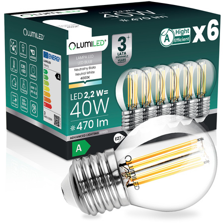 6x LED žárovka E27 kapka P45 2,2W 470lm = 40W 4000K neutrální bílá 360° vlákno energetická třída A LUMILED
