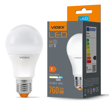 LED žárovka E27 A60 8W = 57W 760lm 6000K studená bílá 240° Videx