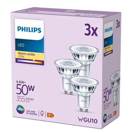 Sada 3x LED halogenová žárovka GU10 PAR16 4,6W = 50W 355lm 2700K Teplá 36° PHILIPS