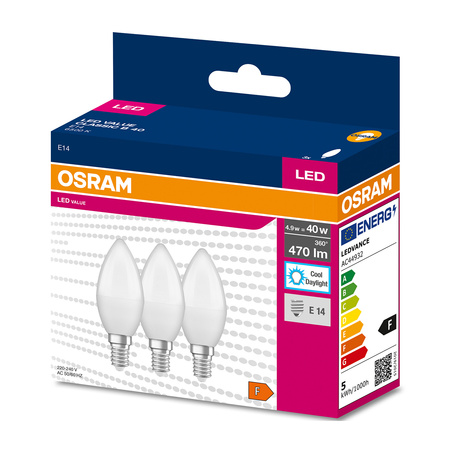 3x LED žárovka E14 B35 4.9W = 40W 470lm 6500K Studená bílá 200° OSRAM Hodnota