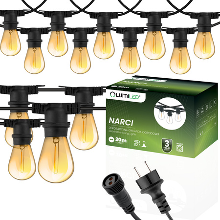 Venkovní řetěz 20m, 40x E27 Žárovky 1.3W 2200K NARCI LUMILED