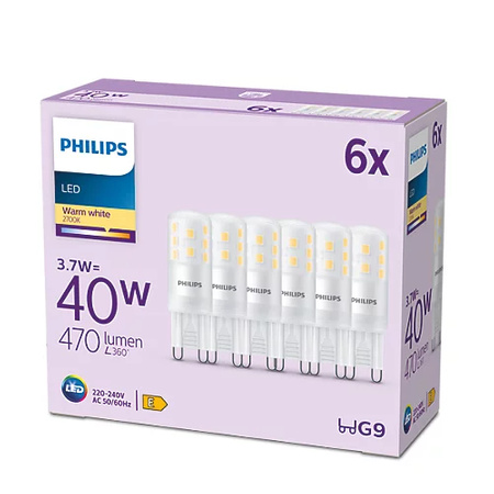 6x LED žárovka s paticí G9 3,7W = 40W 470lm 2700K teplá PHILIPS