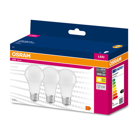 3PAK LED žárovka A60 E27 8,5W = 60W 806lm 2700K Warm OSRAM Value