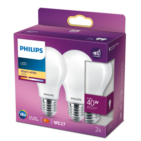 Sada 2x LED žárovka E27 A60 4,5W = 40W 470lm 2700K Warm Filament Milky PHILIPS