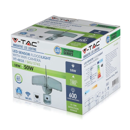 Reflektor LED 18W 600lm 6000K IP20 Bílý s pohybovým senzorem a WiFi kamerou VT-4818W V-TAC