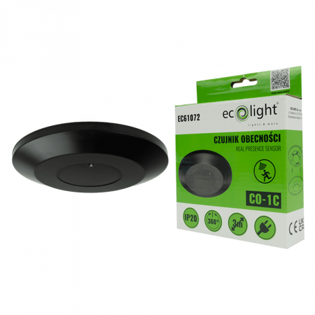 Detektor pohybu a soumraku PIR Stropní senzor pro povrchovou montáž černý 3m 360° CO Ecolight
