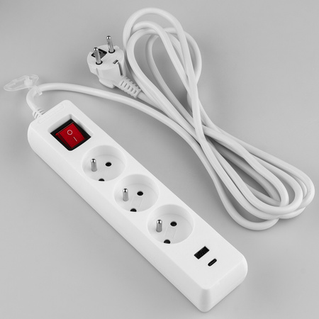 Síťový prodlužovací kabel s uzemněním 3 zásuvky 1,5 m vypínač bílý USB + USB-C kabel ELGER Lumiled