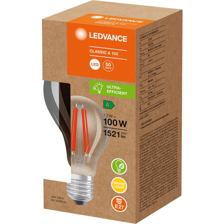 LED žárovka E27 A60 7.2W = 100W 1521lm 3000K Teplá bílá 300° Filament LEDVANCE Ultra Efficient