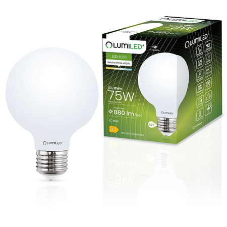 3x Žárovka LED E27, G95 8W = 75W 4000K Neutrální bílá Globe Mléčná Filament LUMILED