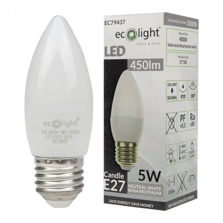 LED žárovka svíčka B37 E27 5W 450lm 4000K neutrální bílá Ecolight