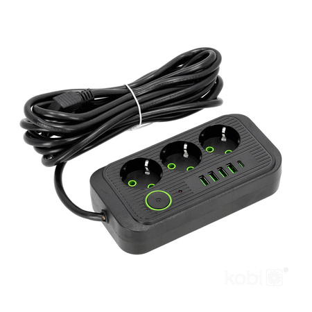 KOBI LINEA PRO Prodlužovací kabel 3x230V 5m Uzemnění, spínač a 5xUSB černý