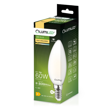 6x Žárovka LED Svíčka B35, E14 7W = 60W 806lm 3000K Teplá bílá 360° Filament Mléčná LUMILED