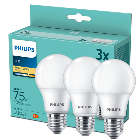 3x LED žárovka E27 A60 10W = 75W 1055lm 2700K Teplá bílá PHILIPS
