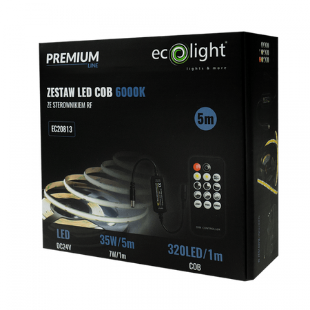 LED pásek COB 7W/m 630lm/m 320LED/m 24V 6000K studená bílá IP20 Roll 5m + napájecí zdroj + dálkové ovládání Ecolight