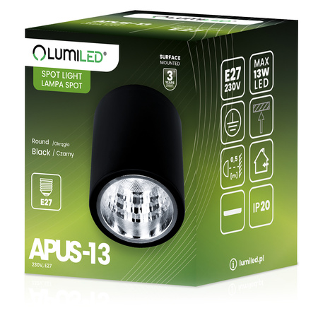 Povrchové svítidlo E27, TUBA SPOT Stálá Kulatá Černá APUS 13 LUMILED