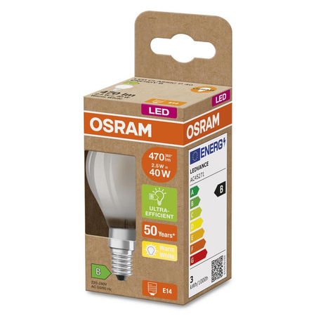 LED žárovka P45 Ball E14 2,5W = 40W 470lm 2700K Warm 300° 188lm/W CLASSIC ENERGETICKÁ ÚSPORNOST Osram