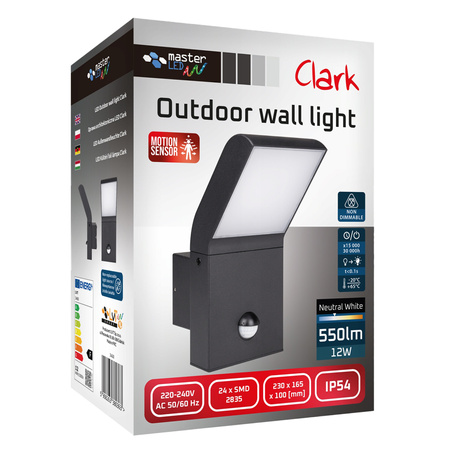 Venkovní zahradní nástěnná lampa LED 12W 4000K IP54 s pohybovým a soumrakovým senzorem