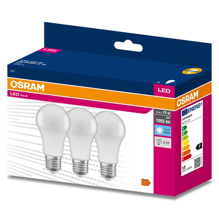3x LED žárovka E27 A60 10W = 75W 1055lm 4000K Neutrální bila 200° OSRAM HODNOTA