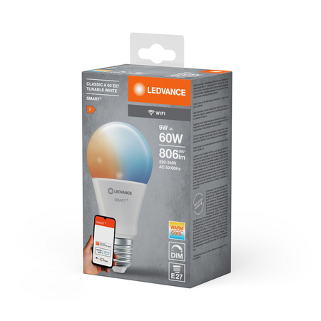 E27 A60 LED žárovka 9W 806lm SMART+ WiFi CCT Stmívatelné Classic LEDVANCE