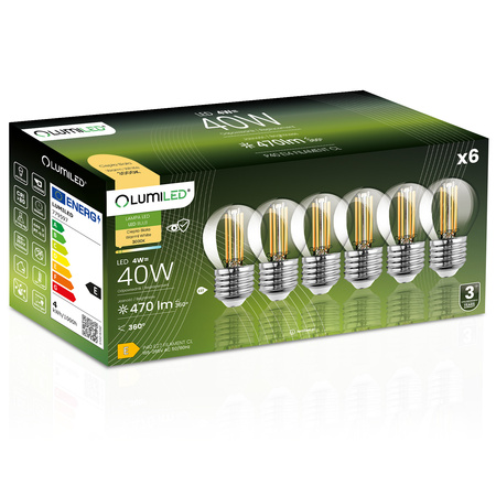 6x LED žárovka E27 Ball P45 4W = 40W 470lm 3000K Warm 360° FILAMENT LUMILED