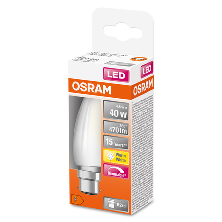 LED žárovka B35 svíčka B22d 4,8W = 40W 470lm 2700K teplá bílá 300° Dimmable Retrofit Filament CLASSIC Osram