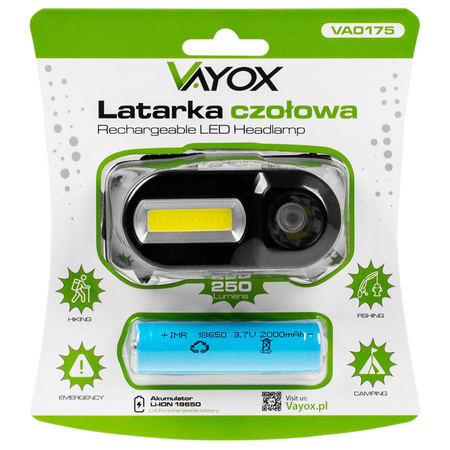 Dobíjecí čelová svítilna 250lm XPE + COB LED 7 režimů VAYOX