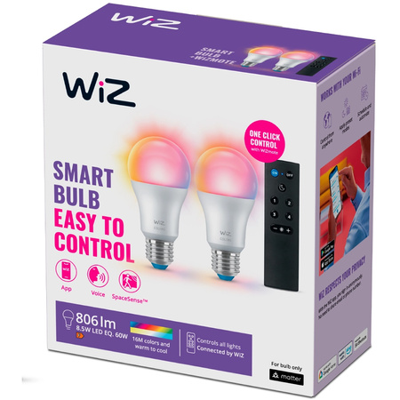2x LED žárovka E27 A60 8,5W = 60W 806lm 2200-6500K RGB + TW Smart SMART WiFi Bluetooth aplikace WiZ + dálkové ovládání ovladače