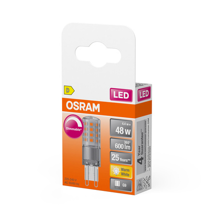 LED žárovka G9 4,4W = 48W 600lm 2700K teplá bílá 320° stmívatelná LED PIN Osram