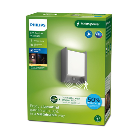 Zahradní nástěnná lampa LED ARBOUR 3,8W Senzor pohybu 2700K teplá bílá IP44 Antracit PHILIPS