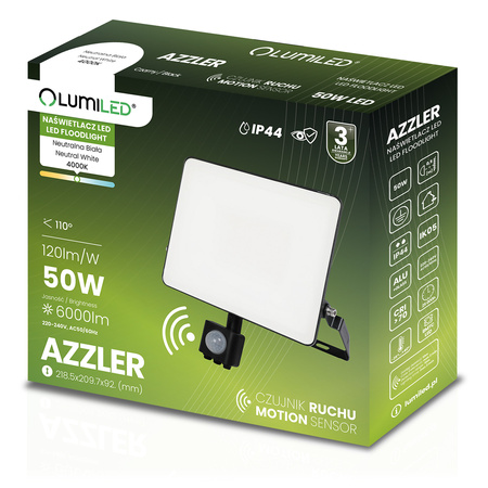LED reflektor AZZLER 50W 6000lm 4000K IP44 Halogenová venkovní lampa se senzorem pohybu černá LUMILED