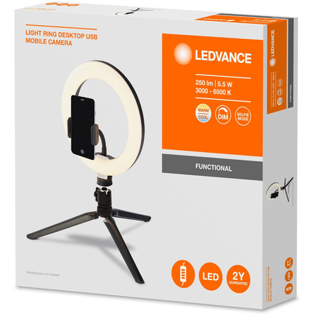 Mobilní LED kruhová stojací lampa pro selfie 5.5W 250lm CCT 20cm Bluetooth LEDVANCE + dálkové ovládání