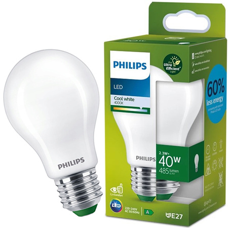 LED žárovka E27 A60 2.3W = 40W 485lm 4000K Neutrální bila Filament Milky PHILIPS Ultra Efficient