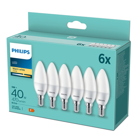 6x LED žárovka E14 Candle B35 4,9W = 40W 470lm 2700K Warm Essential Philips
