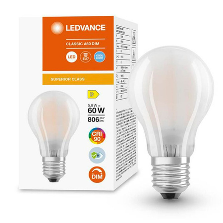 LED žárovka E27 A60 5.8W = 60W 806lm 4000K Neutrální bila 300° CRI90 vlákno Mléčně stmívatelné LEDVANCE Superior