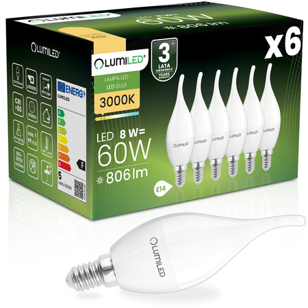 6x Žárovka LED E14, BA35 8W = 60W 806lm 3000K Teplá bílá 180° LUMILED