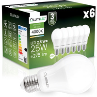6x LED žárovka E27 A60 2,5W = 25W 275lm 4000K neutrální bílá 260° LUMILED
