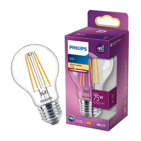 LED žárovka E27 A60 8.5W = 75W 1055lm 2700K Teplá bílá vlákno PHILIPS