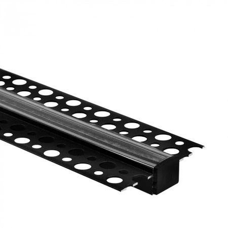 Hliníkový LED profil pro sádrokarton REGIPS Zapuštěný pod omítku Černý 2m s průhledným difuzorem pro LED pásky + krytky Ecolight řady GP